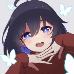Rule 34 | 1girl, ahoge, black hair, blue eyes, blue hair, bug, butterfly, hair between eyes, highres, honkai (series), honkai impact 3rd, insect, looking at viewer, matsumotossu, multicolored hair, open mouth, red sweater, seele vollerei, smile, solo, sweater, two-tone hair