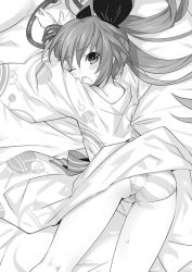 Rule 34 | 10s, 1girl, ass, bdsm, bondage, bound, candy, date a live, food, greyscale, highres, itsuka kotori, monochrome, novel illustration, official art, open mouth, panties, striped clothes, striped panties, tsunako, twintails, underwear