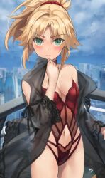Rule 34 | 1girl, blonde hair, blush, breasts, cowboy shot, fate/grand order, fate (series), green eyes, hair ornament, hair scrunchie, highres, lingerie, long hair, looking at viewer, medium breasts, mordred (fate), navel, ponytail, scrunchie, solo, tonee, underwear