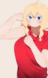 Rule 34 | 1girl, ahoge, blue eyes, blush, breasts, closed mouth, flexing, grey background, hand up, highres, large breasts, looking at viewer, medium hair, original, red shirt, ryusei hashida, shirt, short sleeves, sidelocks, signature, simple background, smile, solo, thick arms