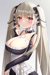 Rule 34 | 1girl, absurdres, azur lane, bare shoulders, between breasts, blush, breasts, cleavage, formidable (azur lane), gothic lolita, hair ribbon, highres, humo, large breasts, lolita fashion, long hair, looking at viewer, platinum blonde hair, red eyes, ribbon, simple background, solo, twintails, upper body, very long hair