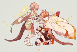 Rule 34 | 2boys, animal ear fluff, animal ears, armor, armored boots, armored dress, arpiel, blush, boots, brown shorts, cape, cat ears, cat tail, closed eyes, fang, fang out, floating cape, from side, grey background, highres, kneeling, kyle (arpiel), multiple boys, pangolin tail, short hair, shorts, simple background, tail, vine (arpiel)