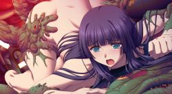 Rule 34 | 1girl, bestiality, blue eyes, blush, breasts, game cg, huge breasts, interspecies, kawagishi risa, long hair, monster, monster hazard, nipples, nude, open mouth, purple hair, restrained, tongue, top-down bottom-up, trois