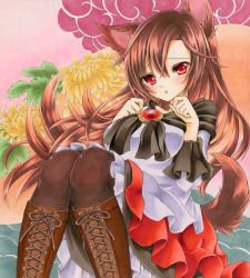 Rule 34 | 1girl, animal ears, black legwear, blush, boots, breasts, brooch, brown footwear, brown hair, cross-laced footwear, dress, floral background, flower, high heel boots, high heels, imaizumi kagerou, jewelry, lace-up boots, large breasts, long hair, looking at viewer, marker (medium), off-shoulder dress, off shoulder, open mouth, red eyes, solo, tail, touhou, traditional media, wassmint, wide sleeves, wolf ears, wolf tail