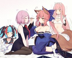 Rule 34 | 4girls, :o, ;p, breasts, character request, choker, cleavage, closed eyes, fate/grand order, fate (series), fou (fate), large breasts, long hair, makeup, mash kyrielight, medb (fate), medium breasts, multicolored hair, multiple girls, muryotaro, one eye closed, pantyhose, pink hair, short twintails, sitting, spoken x, tamamo (fate), thighhighs, tongue, tongue out, twintails, v arms, wariza, white background, yellow eyes