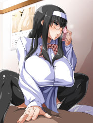 Rule 34 | 1boy, 1girl, bed, black hair, blue eyes, blush, bow, bowtie, breasts, breath, calendar, cellphone, clothed female nude male, clothed sex, enoshima iki, girl on top, glasses, hairband, highres, indoors, large breasts, legs, long hair, lying, muchi muchi jimiko bitch ka nikki, nude, on bed, original, parted lips, phone, puffy areolae, puffy nipples, school uniform, sex, sitting, sitting on person, solo focus, sweat, thighhighs, thighs, vaginal, wall