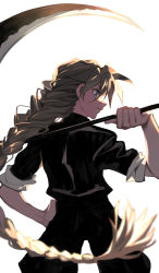 Rule 34 | 1boy, blue eyes, braid, braided ponytail, brown hair, cowboy shot, duo maxwell, from behind, gundam, gundam wing, hand on own hip, kushabiria, legs apart, long hair, male focus, over shoulder, profile, scythe, single braid, sleeves rolled up, solo, weapon, weapon over shoulder, white background, wide stance