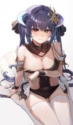 Rule 34 | 1girl, arm support, bare shoulders, black leotard, blush, breast hold, breasts, cleavage, closed mouth, clothing cutout, commission, covered navel, demon horns, detached collar, from above, hair ornament, heterochromia, highleg, highleg leotard, highres, horns, large breasts, leotard, light smile, long hair, looking at viewer, no shoes, original, purple hair, red eyes, ruthenium77&#039;s character, seiza, simple background, sitting, solo, thigh gap, thighhighs, torn clothes, torn thighhighs, twintails, twitter username, v burger103, very long hair, white background, white thighhighs, wrist cuffs, yellow eyes