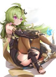 Rule 34 | 1girl, absurdres, ahoge, ass, bow (weapon), bug, butterfly, collei (genshin impact), commentary request, connexion, detached sleeves, earrings, genshin impact, green hair, hair between eyes, hair ornament, highres, holding, holding bow (weapon), holding weapon, insect, jewelry, knees up, long hair, long sleeves, looking away, purple eyes, sidelocks, single earring, sitting, solo, stirrup footwear, stirrup legwear, toeless legwear, weapon, white background
