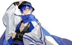 Rule 34 | 1boy, black hat, blue eyes, blue hair, bokyo, hands up, hat, highres, japanese clothes, kaito (vocaloid), looking at viewer, nail polish, ooedo julia night (vocaloid), scarf, smile, solo, vocaloid, white background, wide sleeves