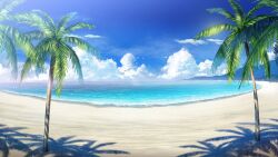 Rule 34 | beach, blue sky, cloud, day, film grain, game cg, horizon, izumi tsubasu, mountain, no humans, non-web source, ocean, official art, outdoors, palm tree, re:stage!, scenery, sky, tree