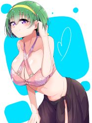 Rule 34 | 1girl, absurdres, blush, breasts, cleavage, closed mouth, green hair, highres, lapis re:lights, large breasts, lynette (lapis re:lights), navel, purple eyes, shiny skin, short hair, smile, solo
