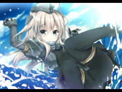 Rule 34 | 10s, 1girl, ass, black pantyhose, blonde hair, blue eyes, blue sky, cameltoe, day, gloves, grey gloves, hair ornament, hat, jacket, juliet sleeves, kantai collection, kino (kino konomi), long hair, long sleeves, looking at viewer, military, military uniform, open clothes, open jacket, pantyhose, puffy sleeves, sky, solo, u-511 (kancolle), uniform, water