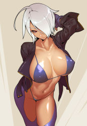 Rule 34 | 1girl, ahoge, angel (kof), arm behind back, bikini, blue bikini, breasts, chaps, collarbone, covered erect nipples, cowboy shot, fingerless gloves, gloves, hair over one eye, huge breasts, jacket, looking at viewer, navel, open clothes, open jacket, red eyes, short hair, silver hair, smile, snk, solo, standing, swimsuit, the king of fighters, tomoyuki kotani, unaligned breasts