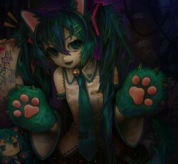 Rule 34 | 1girl, animal ears, animal hands, bell, black skirt, black sleeves, cat ears, character doll, collared shirt, commentary request, cowboy shot, crossed bangs, detached sleeves, fangs, gloves, green eyes, green hair, hair between eyes, hair ornament, hairclip, hands up, hatsune miku, highres, long hair, neck bell, open mouth, paw gloves, pleated skirt, shirt, skirt, sleeveless, sleeveless shirt, smile, solo, twintails, v1v404, vocaloid, white shirt