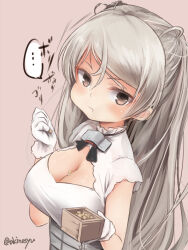 Rule 34 | ..., 1girl, akino shuu, beans, blush, breasts, brown background, brown eyes, cleavage, closed mouth, conte di cavour (kancolle), conte di cavour nuovo (kancolle), dress, eating, grey hair, holding, kantai collection, large breasts, long hair, masu, setsubun, short sleeves, simple background, solo, spoken ellipsis, twitter username, upper body, white dress