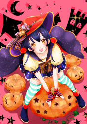 Rule 34 | 1girl, arm support, blue hair, blush, commentary request, fingerless gloves, full body, gloves, hair between eyes, halloween, hat, highres, jack-o&#039;-lantern, kobayashi nyoromichi, long hair, looking at viewer, love live!, love live! school idol festival, love live! school idol project, open mouth, pumpkin, skirt, smile, solo, sonoda umi, striped clothes, striped gloves, striped thighhighs, thighhighs, witch hat, yellow eyes
