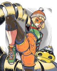 Rule 34 | 1girl, arms (game), beanie, bike shorts, blonde hair, chinese clothes, crois, dragon, facepaint, food, green eyes, hat, highres, leggings, leggings under shorts, looking at viewer, mask, min min (arms), noodles, pantyhose, short hair, shorts, solo