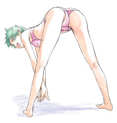 Rule 34 | 1girl, ass, barefoot, bent over, blue eyes, bow, bow panties, bra, feet, full body, green eyes, green hair, hands reach floor, legs, legs apart, lingerie, looking back, matching hair/eyes, minato fumi, open mouth, panties, purple bra, purple panties, short hair, smile, solo, standing, stretching, underwear, underwear only