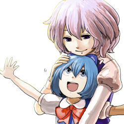 Rule 34 | 2girls, :d, blue dress, bow, bowtie, cirno, dress, height difference, hug, hug from behind, jiji (artist), juliet sleeves, letty whiterock, light purple hair, long sleeves, looking up, multiple girls, open mouth, puffy short sleeves, puffy sleeves, red bow, red bowtie, short sleeves, simple background, smile, touhou, white background