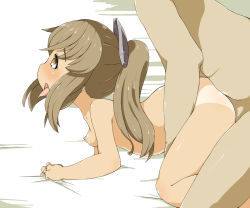 Rule 34 | 10s, 1boy, 1girl, ansui (happycore), bed sheet, breasts, eyebrows, from side, hair ornament, head out of frame, heart, hetero, i-401 (kancolle), kantai collection, long hair, nipples, nude, open mouth, ponytail, saliva, sex, sheet grab, shiny skin, small breasts, sweat, tears, text focus, tongue, tongue out
