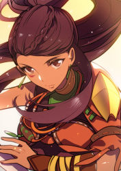 Rule 34 | 1girl, arms up, bead necklace, beads, bracer, braid, brown eyes, closed mouth, earrings, facial mark, fire emblem, fire emblem: three houses, fringe trim, fromchawen, jewelry, long hair, looking at viewer, neck ring, necklace, nintendo, petra macneary, ponytail, purple eyes, purple hair, sash, scarf, sleeveless, solo, tassel, tattoo, upper body