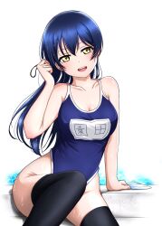 Rule 34 | 1girl, absurdres, black thighhighs, blue hair, blue one-piece swimsuit, breasts, cleavage, commentary request, competition school swimsuit, cowboy shot, highleg, highleg swimsuit, highres, long hair, looking at viewer, love live!, love live! school idol project, medium breasts, name tag, one-piece swimsuit, open mouth, school swimsuit, sitting, solo, sonoda umi, surv1v3-13005993, swept bangs, swimsuit, teeth, thighhighs, upper teeth only, wet, wet clothes, wet swimsuit, white background, yellow eyes