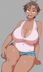 Rule 34 | 1girl, agawa ryou, breasts, brown hair, cleavage, dark skin, large breasts, shirt, short hair, shorts, sitting, solo, tan, tanline, thick thighs, thighs, yellow eyes