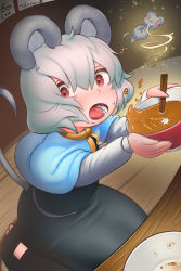 Rule 34 | 1girl, absurdres, animal ears, blue capelet, blush, bowl, capelet, chopsticks, commentary request, fish cake, food, full body, grey hair, grey skirt, grey vest, hair between eyes, highres, holding, holding bowl, layered clothes, long sleeves, looking at viewer, mouse (animal), mouse ears, mouse girl, mouse tail, nazrin, noodles, open mouth, ramen, red eyes, seiza, serakawa, shirt, short hair, sitting, skirt, skirt set, solo, soup, tail, touhou, vest, white shirt