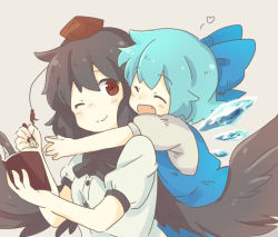 Rule 34 | 2girls, ^ ^, bad id, bad pixiv id, bird wings, black hair, black neckwear, blue dress, blue hair, blush stickers, bow, bowtie, cirno, closed eyes, commentary request, dress, fang, feathered wings, grey background, hair between eyes, hair bow, hat, heart, holding, holding pen, hug, hug from behind, kototoki, leaning on person, looking at viewer, multiple girls, nib pen (object), notebook, one eye closed, open mouth, outstretched arms, pen, pinafore dress, puffy short sleeves, puffy sleeves, red eyes, red headwear, shameimaru aya, shirt, short hair, short sleeves, simple background, sleeveless dress, smile, tokin hat, touhou, upper body, white shirt, wings, yuri