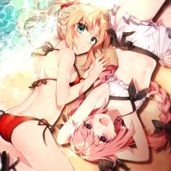 Rule 34 | 1boy, 1girl, :d, armpits, ass, astolfo (fate), back, beach, bikini, bikini skirt, black bow, blonde hair, blurry, bow, braid, braided ponytail, breasts, butt crack, cleavage, day, depth of field, fang, fate/apocrypha, fate/grand order, fate (series), flat chest, green eyes, hair bow, hair intakes, hair ornament, hair scrunchie, halterneck, long hair, looking at viewer, lying, mordred (fate), mordred (fate) (all), mordred (fate/apocrypha), mordred (swimsuit rider) (fate), mordred (swimsuit rider) (first ascension) (fate), navel, ocean, official alternate costume, on back, on stomach, open mouth, outdoors, parted bangs, parted lips, pink eyes, pink hair, ponytail, red bikini, sakura yuki (clochette), sandals, scrunchie, side-tie bikini bottom, sidelocks, single braid, skirt, smile, swimsuit, tareme, thighs, trap, tsurime, water, white bikini, white skirt