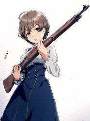 Rule 34 | 1girl, ahoge, backlighting, blue skirt, blush, bolt action, braid, breasts, brown hair, buttons, casing ejection, center frills, cigarette, collared shirt, cowboy shot, double-breasted, expressionless, frilled sleeves, frills, from below, gradient background, green eyes, grey background, gun, hands up, high-waist skirt, holding, holding gun, holding weapon, idolmaster, idolmaster million live!, idolmaster million live! theater days, light blush, light particles, long skirt, long sleeves, looking at viewer, looking down, m1903 springfield, medium breasts, parted lips, rifle, sakuramori kaori, shell casing, shirt, short hair, skirt, smoke, smoking, smoking gun, solo, standing, suspender skirt, suspenders, suzuki puramo, underbust, weapon, white background, white shirt