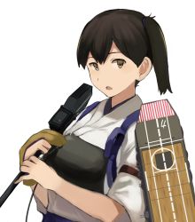 Rule 34 | 10s, 1girl, ashiwara yuu, brown eyes, brown hair, flight deck, gloves, japanese clothes, kaga (kancolle), kantai collection, looking at viewer, microphone, muneate, official style, open mouth, partially fingerless gloves, partly fingerless gloves, short hair, side ponytail, simple background, single glove, solo, tasuki, yugake