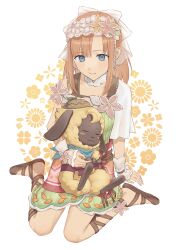Rule 34 | 1girl, 1other, absurdres, blue eyes, breasts, detached collar, floral background, flower, full body, green shirt, head wreath, highres, holding sheep, light smile, looking at another, mice (rune factory), orange hair, parted bangs, pink flower, pink skirt, pointy ears, rune factory, sandals, shirt, sia (rune factory), single sleeve, sitting, skirt, small breasts, tanabe rf, white background, white veil, wrist cuffs, yellow flower