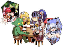 Rule 34 | 3boys, 4girls, alcohol, armor, bald, bandaid, barefoot, beer, black hair, blank eyes, blonde hair, blue eyes, breasts, chair, cheek-to-cheek, cleavage, crying, diti (selecta), duel monster, flower, gloves, goblin, grey eyes, grey hair, hair flower, hair ornament, head bump, heads together, horns, knight, knight (yu-gi-oh!), large breasts, laughing, long hair, lovely labrynth of the silver castle, multiple boys, multiple girls, open mouth, outstretched hand, pointy ears, red hair, shorts, simple background, sitting, smile, table, traptrix dionaea, traptrix nepenthes, white background, yu-gi-oh!
