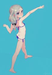 Rule 34 | 1girl, alphabet (alphabetnoon), aqua background, ass, bare legs, bare shoulders, barefoot, bikini, black bow, blue bikini, blush, bow, breasts, butt crack, full body, grey eyes, grey hair, hair bow, halterneck, highres, long hair, looking at viewer, original, outstretched arm, parted bangs, side-tie bikini bottom, signature, simple background, small breasts, solo, sweat, swimsuit, tan, tanline