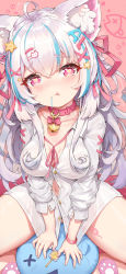 Rule 34 | 1girl, :q, ahoge, animal ear fluff, animal ears, bell, black choker, blue hair, blush, breasts, candy, cat hair ornament, catxuan, chinese commentary, choker, collar, collared shirt, commentary request, cowboy shot, food, hair ornament, hairclip, heart, heart-shaped pupils, highres, looking at viewer, medium breasts, multicolored hair, navel, neck bell, open clothes, open shirt, original, pink background, pink collar, pink eyes, pink ribbon, ribbon, shirt, sitting, solo, star (symbol), star hair ornament, streaked hair, stuffed toy, symbol-shaped pupils, tongue, tongue out, white hair, white shirt
