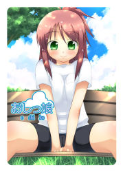Rule 34 | 1girl, akino sora, bad id, bad pixiv id, bench, bike shorts, breasts, breasts squeezed together, brown hair, cameltoe, cleft of venus, grass, green eyes, large breasts, park bench, smile, solo, spread legs