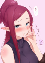 Rule 34 | 1girl, blue eyes, blush, hand on another&#039;s face, long hair, looking to the side, macross, macross delta, mirage farina jenius, musical note, pink background, pointy ears, purple hair, sasanoneko, sleeveless, sleeveless sweater, solo, spoken musical note, sweater, turtleneck, turtleneck sweater, yuri