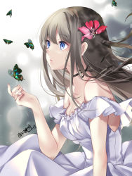 Rule 34 | 1girl, akatsuki hijiri, bare shoulders, black ribbon, blue eyes, breasts, brown hair, bug, butterfly, cleavage, closed mouth, commission, dress, flower, frilled dress, frills, from side, hair between eyes, hair flower, hair ornament, highres, insect, large breasts, long hair, looking ahead, nail polish, neck ribbon, off-shoulder dress, off shoulder, original, pink nails, red flower, ribbon, sidelocks, signature, skeb commission, solo, strapless, strapless dress, white dress