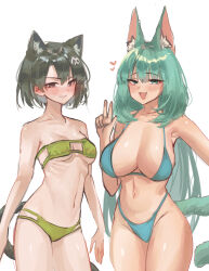 Rule 34 | 2girls, animal ears, arknights, bikini, blue bikini, blush, breasts, brown eyes, cat ears, cat girl, cat tail, clenched teeth, cowboy shot, extra ears, fang, green bikini, green eyes, green hair, groin, hair ornament, hand up, harmonie (arknights), heart, highres, kaguura (kagu), large breasts, long hair, looking at viewer, mandragora (arknights), multiple girls, open mouth, ribs, short hair, simple background, sketch, skin fang, small breasts, strapless, strapless bikini, swimsuit, tail, teeth, thighs, w, white background