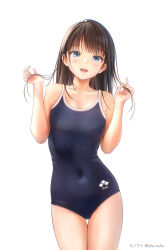 Rule 34 | 1girl, black hair, blue one-piece swimsuit, breasts, competition school swimsuit, covered navel, cowboy shot, green eyes, highres, logo, medium hair, one-piece swimsuit, original, school swimsuit, simple background, small breasts, smile, solo, standing, swept bangs, swimsuit, thigh gap, white background, yuluvine