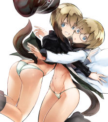 Rule 34 | 2girls, :o, ass, black footwear, black jacket, blonde hair, blue eyes, blush, boots, brown hair, butt crack, erica hartmann, glasses, grin, groin, hair between eyes, hat, highres, jacket, knee boots, long sleeves, looking at viewer, looking back, military, military hat, military uniform, multicolored hair, multiple girls, navel, nishiide kengorou, panties, parted lips, peaked cap, semi-rimless eyewear, short hair, siblings, simple background, sisters, smile, strike witches, strike witches: suomus misfits squadron, tail, thighs, twins, two-tone hair, under-rim eyewear, underwear, uniform, unworn hat, unworn headwear, ursula hartmann, white background, white panties, world witches series
