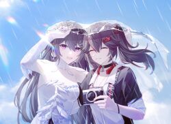 Rule 34 | 2girls, brown hair, camera, chinese commentary, choker, closed eyes, cloud, collarbone, collared shirt, commentary, detached collar, double-parted bangs, dress, earrings, fins, hair between eyes, hair ornament, hairclip, highres, holding, holding camera, hug, jewelry, lock, long hair, looking at viewer, lucia: dawn (holiday of eden) (punishing: gray raven), lucia: plume (dance of ripplets) (punishing: gray raven), lucia (punishing: gray raven), medium hair, multicolored hair, multiple girls, mutual hug, padlock, punishing: gray raven, purple eyes, rain, red hair, shell, shell earrings, shirt, smile, strapless, strapless dress, streaked hair, sun glare, transparent, twintails, upper body, waist hug, white dress, white shirt, zhou huan (dgpe2833)