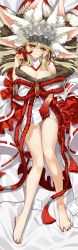 Rule 34 | 1girl, animal ear fluff, animal ears, bare legs, bare shoulders, barefoot, blonde hair, bow, breasts, claws, cleavage, colored skin, crown, dakimakura (medium), detached collar, extra ears, eyeshadow, fate/grand order, fate (series), fox ears, fox girl, fox shadow puppet, fox tail, full body, fur-trimmed kimono, fur trim, gluteal fold, hand up, highres, japanese clothes, kimono, koyanskaya (fate), koyanskaya (lostbelt beast:iv) (fate), large breasts, legs, long hair, looking at viewer, lying, makeup, multicolored skin, multiple tails, ofuda, on back, red bow, red eyeshadow, red ribbon, red rope, red skin, ribbon, ribbon-trimmed sleeves, ribbon trim, rkp, rope, rope belt, shiny skin, short kimono, signature, smile, solo, tail, tamamo (fate), thigh gap, toes, two-tone skin, white kimono, yellow eyes