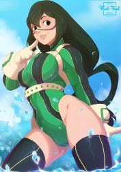 Rule 34 | 1girl, absurdres, artist name, asui tsuyu, black thighhighs, blush, boku no hero academia, boots, breasts, cameltoe, cleft of venus, closed mouth, covered erect nipples, face paint, fleet-foot, gloves, green eyes, green hair, hair between eyes, highres, large breasts, leotard, long hair, long sleeves, looking to the side, matching hair/eyes, partially submerged, pointing, pointing at self, skin tight, sky, smile, solo, thigh boots, thighhighs, thighs, tongue, tongue out, water, white gloves
