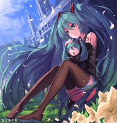 Rule 34 | 1girl, bad id, bad twitter id, boots, brown thighhighs, character doll, dated, day, detached sleeves, flower, geeto gaadian, green eyes, green hair, hachune miku, hair ornament, hatsune miku, long hair, matching hair/eyes, outdoors, petals, sitting, sky, smile, solo, thigh boots, thighhighs, twintails, very long hair, vocaloid, zettai ryouiki