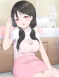Rule 34 | 1girl, bed, bedroom, black hair, blush, breasts, cleavage, cleavage cutout, clothing cutout, heart, heart cutout, highres, large breasts, long hair, looking at viewer, open mouth, original, pillow, red eyes, sitting, skirt, smile, solo, stuffed animal, stuffed rabbit, stuffed toy, twintails, ushinomiya