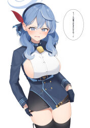 Rule 34 | 1girl, absurdres, ako (blue archive), ao12073010, bell, belt collar, black gloves, black panties, black skirt, blue archive, blue eyes, blue hair, breasts, collar, commentary request, earrings, gloves, hair between eyes, hairband, halo, highres, holding, holding clothes, holding panties, holding underwear, jewelry, large breasts, long hair, long sleeves, looking at viewer, neck bell, panties, panty pull, pencil skirt, sideboob, sidelocks, simple background, skirt, solo, speech bubble, translation request, underwear, undressing