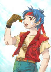 Rule 34 | 1boy, ahoge, belt, blue hair, brown eyes, food, fruit, gloves, headband, kei (inu no ura), male focus, open mouth, pants, rody roughnight, shirt, short hair, solo, tongue, vest, wild arms, wild arms 1